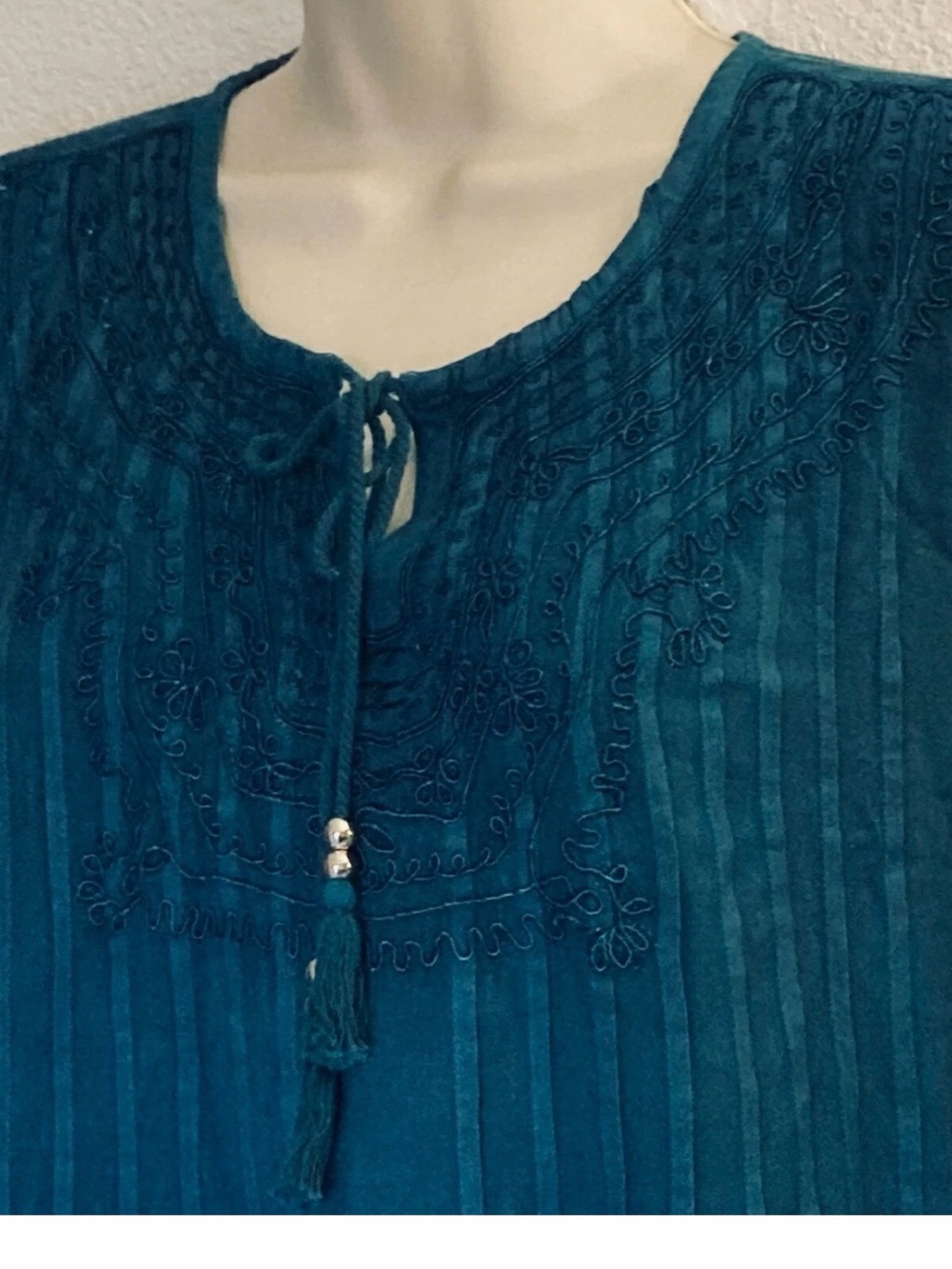 Embroidered Teal Peasant Tunic with Tassel Tie